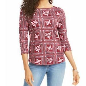 Charter Club Womens Tile Print Top Cranberry Red L